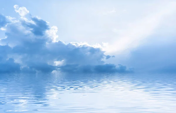 Daytime blue sky, horizon, sunlight reflected in water, clouds, waves. Empty sea landscape, natural scene.