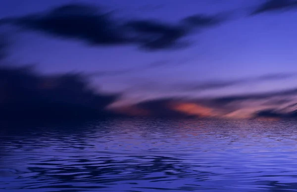 Night sky, horizon at sunset, moonlight, clouds, waves reflected in water. Empty sea landscape, natural scene. Night view.