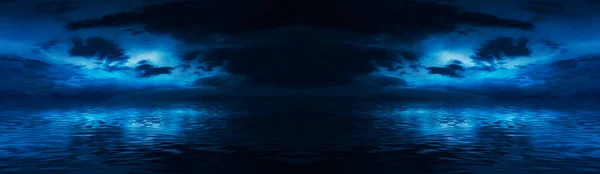 Night sky, horizon at sunset, moonlight, clouds, waves reflected in water. Empty sea landscape, natural scene. Night view.