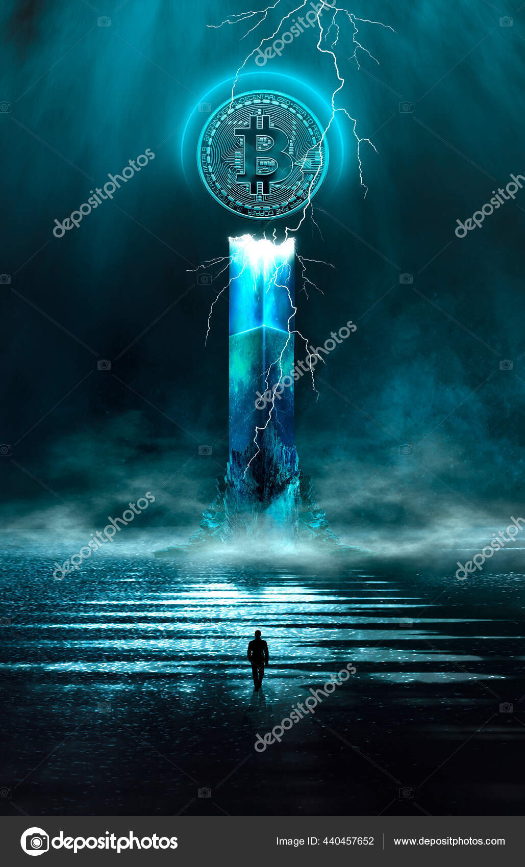 피라미드 비트코인 번개가 어둡고 어두운 추상적 환상의 바다에 네온을 반사하는 — 스톡 에디토리얼 사진 © Vitalina_G  #440457652