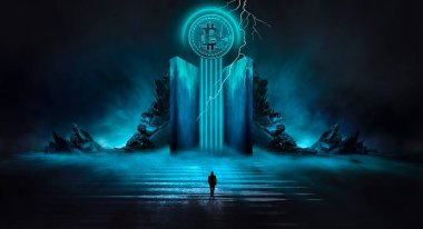 Karanlık, soyut fantezi manzarası ada, piramitler, bitcoin ve yıldırım. Neonun suda, denizde ve okyanusta yansıması. Duman, sahilde sis. Bitcoin ile modern bir fütürist manzara. 