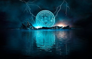 Karanlık, soyut fantezi manzarası ada, piramitler, bitcoin ve yıldırım. Neonun suda, denizde ve okyanusta yansıması. Duman, sahilde sis. Bitcoin ile modern bir fütürist manzara. 