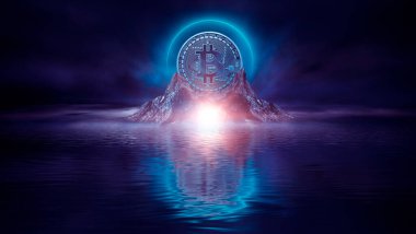 Karanlık, soyut fantezi manzarası ada, piramitler, bitcoin ve yıldırım. Neonun suda, denizde ve okyanusta yansıması. Duman, sahilde sis. Bitcoin ile modern bir fütürist manzara. 