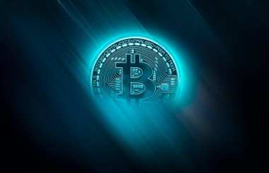 Bitcoin, dinamik çizgiler ve yıldırımlı soyut koyu neon arka plan. Modern tasarım, kripto para birimi. 