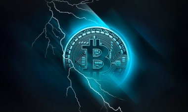 Bitcoin, dinamik çizgiler ve yıldırımlı soyut koyu neon arka plan. Modern tasarım, kripto para birimi. 