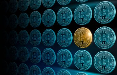 Bitcoin, dinamik çizgiler ve yıldırımlı soyut koyu neon arka plan. Modern tasarım, kripto para birimi. 