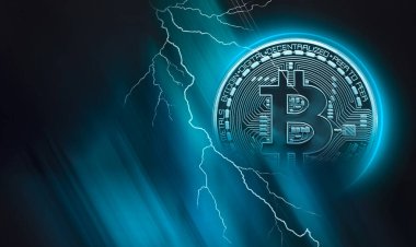 Bitcoin, dinamik çizgiler ve yıldırımlı soyut koyu neon arka plan. Modern tasarım, kripto para birimi. 