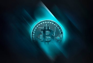 Bitcoin, dinamik çizgiler ve yıldırımlı soyut koyu neon arka plan. Modern tasarım, kripto para birimi. 
