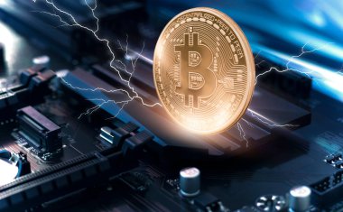 Bitcoin, dinamik çizgiler ve yıldırımlı soyut koyu neon arka plan. Modern tasarım, kripto para birimi. 