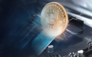 Bitcoin, dinamik çizgiler ve yıldırımlı soyut koyu neon arka plan. Modern tasarım, kripto para birimi. 