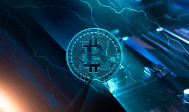 Bitcoin, dinamik çizgiler ve yıldırımlı soyut koyu neon arka plan. Modern tasarım, kripto para birimi. 