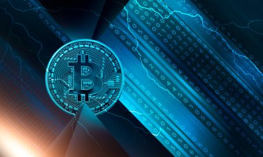 Bitcoin, dinamik çizgiler ve yıldırımlı soyut koyu neon arka plan. Modern tasarım, kripto para birimi. 