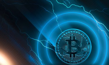 Bitcoin, dinamik çizgiler ve yıldırımlı soyut koyu neon arka plan. Modern tasarım, kripto para birimi. 