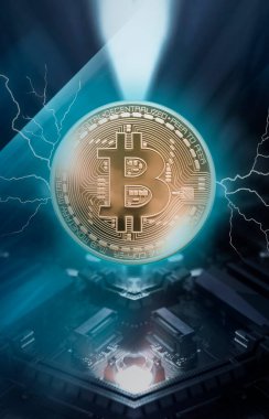 Bitcoin, dinamik çizgiler ve yıldırımlı soyut koyu neon arka plan. Modern tasarım, kripto para birimi. 