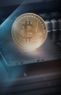 Bitcoin, dinamik çizgiler ve yıldırımlı soyut koyu neon arka plan. Modern tasarım, kripto para birimi. 