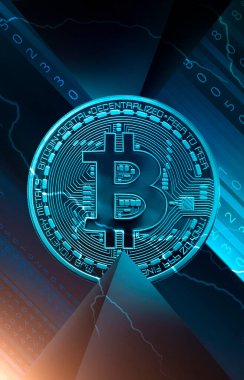 Bitcoin, dinamik çizgiler ve yıldırımlı soyut koyu neon arka plan. Modern tasarım, kripto para birimi. 