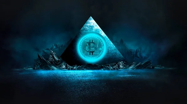 Dark Night Abstract Fantasy Landscape Island Pyramids Bitcoin Lightning Reflection — Stock Photo, Image