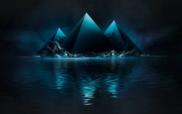Ciemny Nocny Abstrakcyjny Krajobraz Fantazji Wyspą Piramidami Bitcoinem Błyskawicami Odbicie — Zdjęcie stockowe