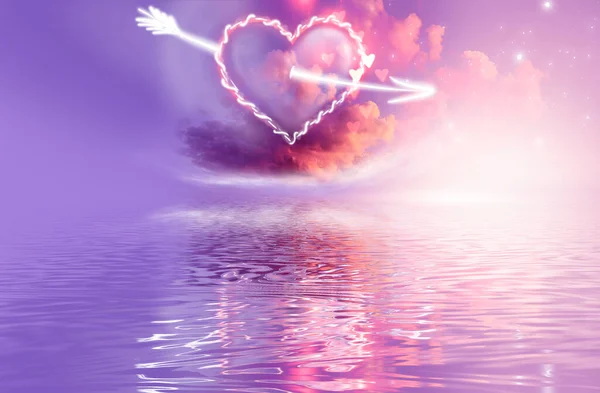 A cloud of love. Futuristic abstract landscape, sky, purple, pink and orange neon, beautiful pink sunset, heart shape, magic. Cloud over water, heart bokeh light.