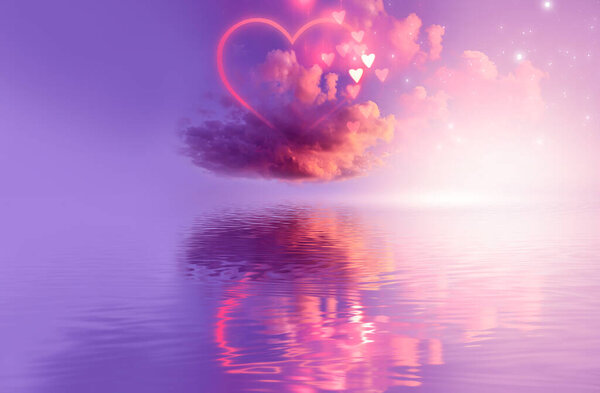 A cloud of love. Futuristic abstract landscape, sky, purple, pink and orange neon, beautiful pink sunset, heart shape, magic. Cloud over water, heart bokeh light.