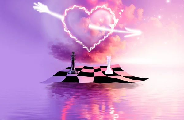 未来派抽象的风景 紫色的霓虹灯 美丽的粉色日落 国王和王后的形象 黑白笼 水面上的云彩 心脏跳动的光 — 图库照片