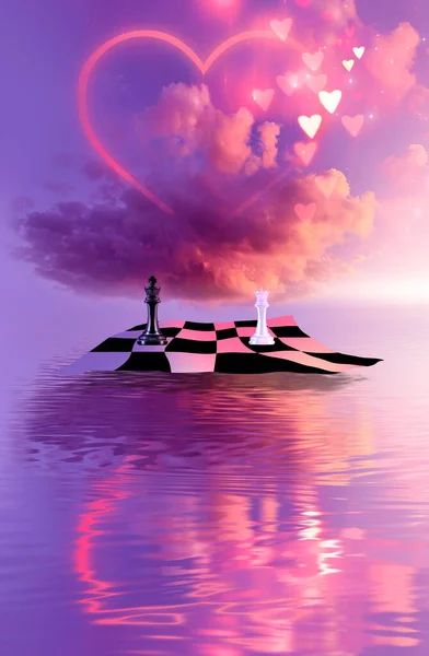 Futuristic abstract landscape, sky, purple neon, beautiful pink sunset, heart shape, love, magic, chess, King and Queen figures, black and white cage. Cloud over water, heart bokeh light.