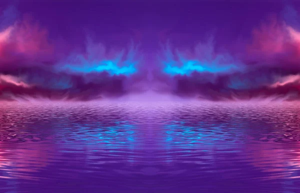 Abstract neon landscape with cloud, neon reflection in water. Futuristic landscape, neon circle. Multicolored ultraviolet background.