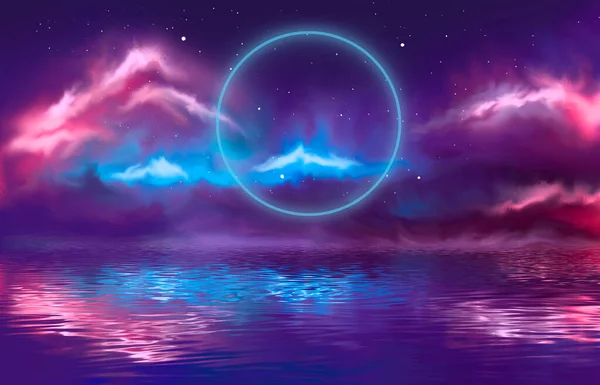 Abstract neon landscape with cloud, neon reflection in water. Futuristic landscape, neon circle. Multicolored ultraviolet background.