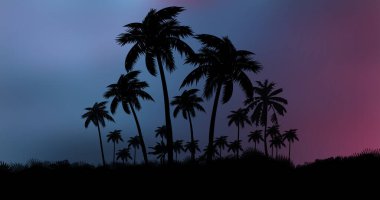 Palmiye ağaçlarıyla gece manzarası, neon bir günbatımının arka planı, yıldızlar. Gün batımında sahilde siluet hindistan cevizi palmiyeleri. Uzay gelecekçi neon manzarası. Plaj partisi. 3B illüstrasyon.
