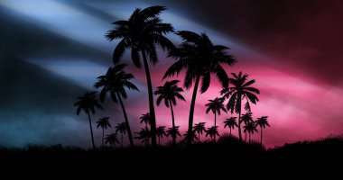 Palmiye ağaçlarıyla gece manzarası, neon bir günbatımının arka planı, yıldızlar. Gün batımında sahilde siluet hindistan cevizi palmiyeleri. Uzay gelecekçi neon manzarası. Plaj partisi. 3B illüstrasyon.