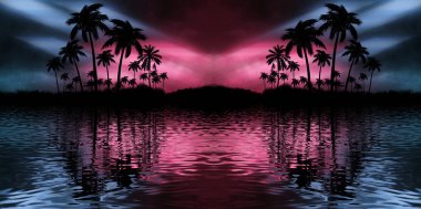 Palmiye ağaçlarıyla gece manzarası, neon bir günbatımının arka planı, yıldızlar. Gün batımında sahilde siluet hindistan cevizi palmiyeleri. Uzay gelecekçi neon manzarası. Plaj partisi. 3B illüstrasyon.