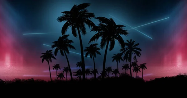 Night Landscape Palm Trees Backdrop Neon Sunset Stars Silhouette Coconut — Stock Photo, Image