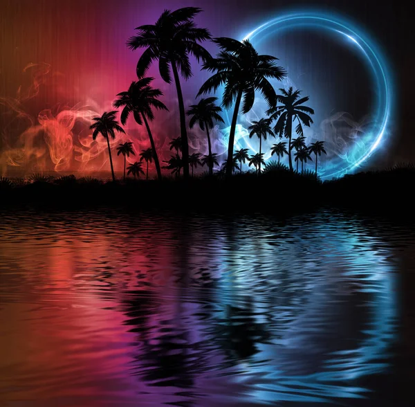Nacht Landschap Met Palmbomen Tegen Achtergrond Van Een Neon Zonsondergang — Stockfoto