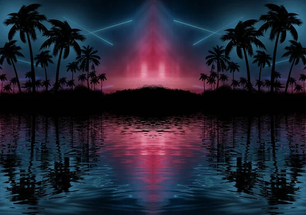 Night landscape with palm trees, against the backdrop of a neon sunset, stars. Silhouette coconut palm trees on beach at sunset. Space futuristic neon landscape. Beach party. 3D illustration.