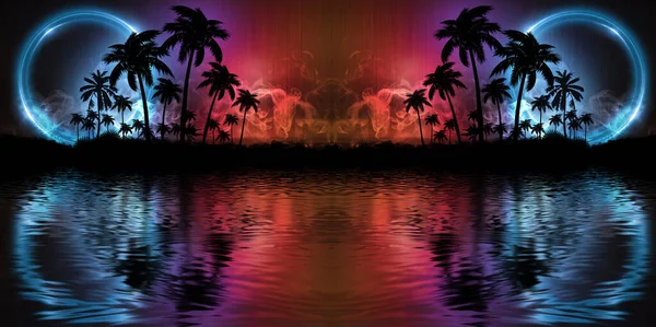 Night landscape with palm trees, against the backdrop of a neon sunset, stars. Silhouette coconut palm trees on beach at sunset. Space futuristic neon landscape. Beach party. 3D illustration.