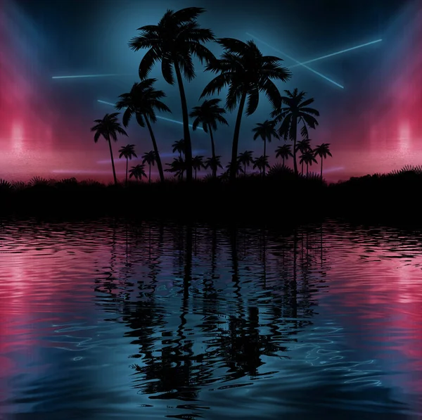 Night Landscape Palm Trees Backdrop Neon Sunset Stars Silhouette Coconut — Stock Photo, Image