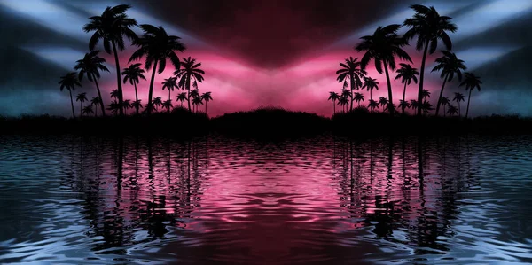 Night landscape with palm trees, against the backdrop of a neon sunset, stars. Silhouette coconut palm trees on beach at sunset. Space futuristic neon landscape. Beach party. 3D illustration.