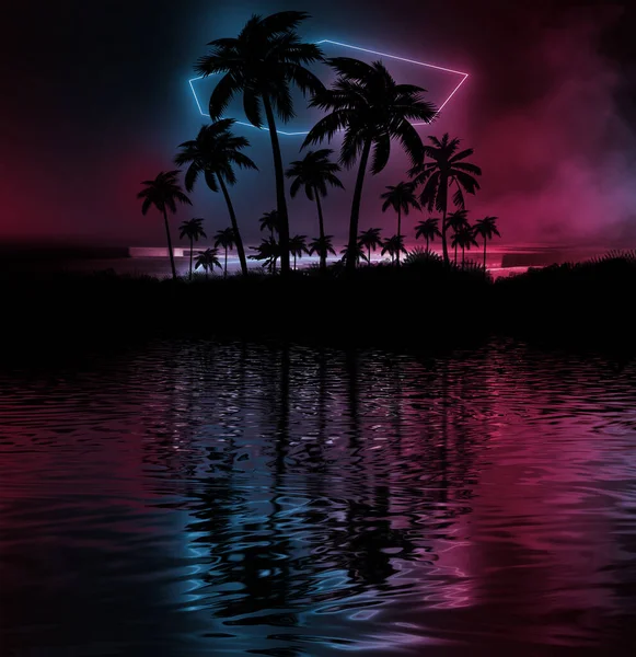 Nächtliche Landschaft Mit Palmen Vor Dem Hintergrund Eines Neonfarbenen Sonnenuntergangs — Stockfoto