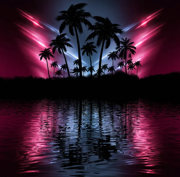 夜景与棕榈树相映成趣 背景为霓虹落日 日落时在海滩上的椰子树轮廓 空间未来主义霓虹灯景观 海滩派对3D插图 — 图库照片