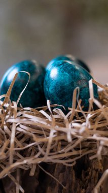 Koyu gelgit suyuna boyanmış yumurtalar, yeşil tonlarda. Paskalya festivali arka planı, açık kart, yumurtalar yakın plan. Paskalya tatili için masa ayarlayın. İsa Doğmuş Paskalya Tatili.