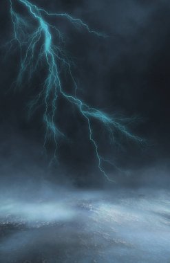 Dramatik boş doğa geçmişi. Fırtınada şehrin karanlık gece manzarası. Şimşek çakıyor. Suyun üzerindeki ışığın yansıması. 