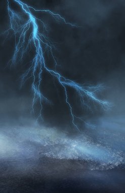 Dramatic empty nature background. Dark night view of the city during a thunderstorm. Flashing lightning. Reflection of light on water.  clipart