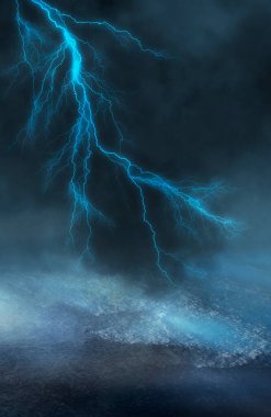 Dramatik boş doğa geçmişi. Fırtınada şehrin karanlık gece manzarası. Şimşek çakıyor. Suyun üzerindeki ışığın yansıması. 