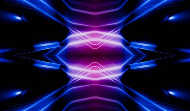 Karanlık soyut fütüristik arka plan. Neon hatları, parıltı. Neon hatları, şekiller. Pembe ve mavi parıltı