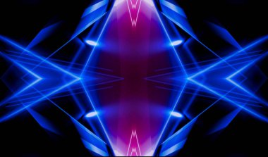 Karanlık soyut fütüristik arka plan. Neon hatları, parıltı. Neon hatları, şekiller. Pembe ve mavi parıltı