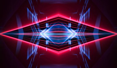 Karanlık soyut fütüristik arka plan. Neon hatları, parıltı. Neon hatları, şekiller. Pembe ve mavi parıltı