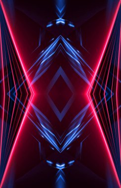 Karanlık soyut fütüristik arka plan. Neon hatları, parıltı. Neon hatları, şekiller. Pembe ve mavi parıltı