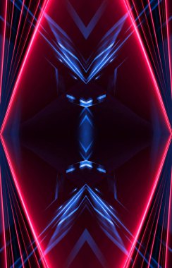 Karanlık soyut fütüristik arka plan. Neon hatları, parıltı. Neon hatları, şekiller. Pembe ve mavi parıltı