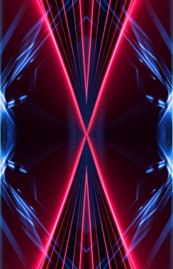 Karanlık soyut fütüristik arka plan. Neon hatları, parıltı. Neon hatları, şekiller. Pembe ve mavi parıltı