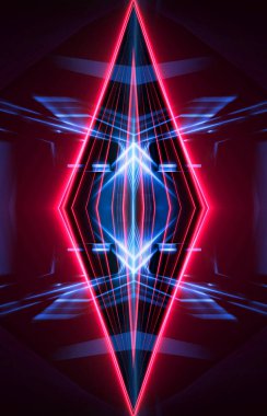 Karanlık soyut fütüristik arka plan. Neon hatları, parıltı. Neon hatları, şekiller. Pembe ve mavi parıltı